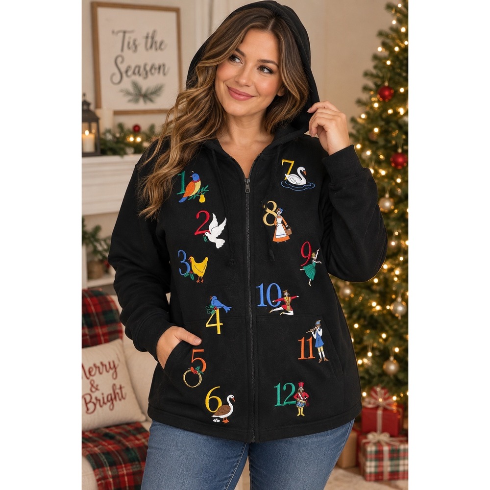 Vintage BellePointe 12 Days of Christmas Hoodie Womens XL Embroidered Black 90s